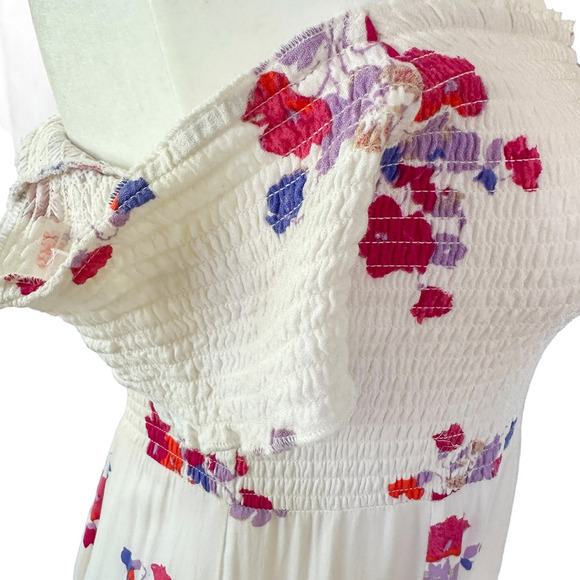 MINKPINK Falling Bloom Floral Smocked Off The Shoulder Maxi Dress White Pink  L - Picture 8 of 13